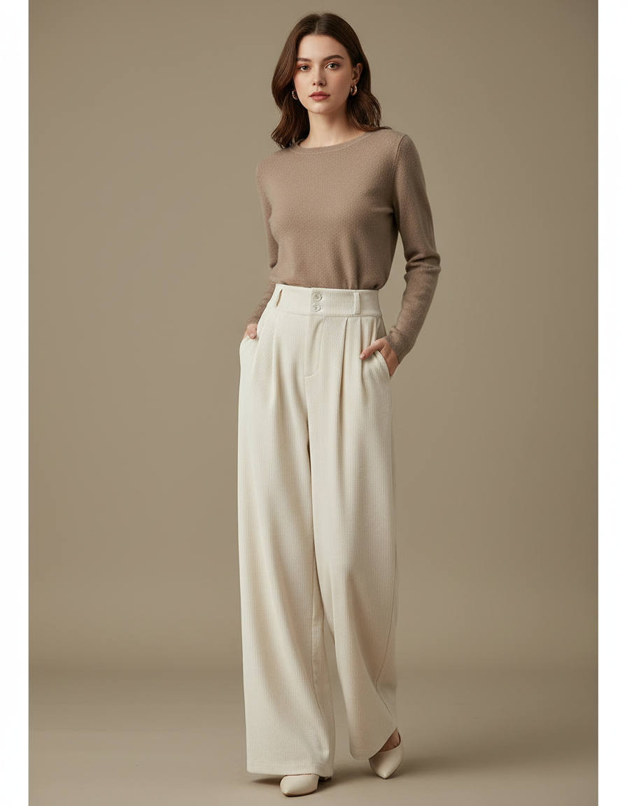 Pantalon Velours Large Crème Taille Haute Confortable - Beige Cordé