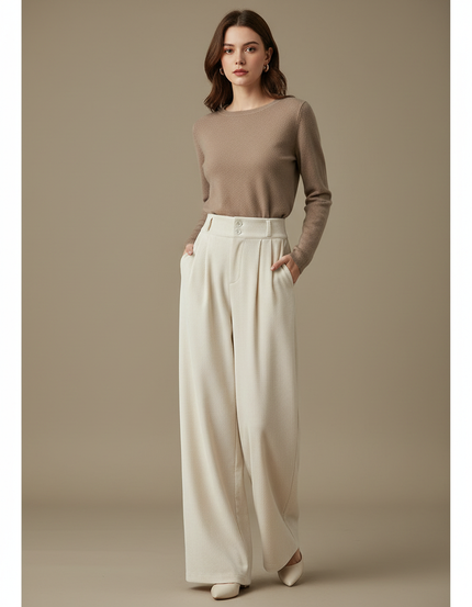 Pantalon Velours Large Crème Taille Haute Confortable - Beige Cordé