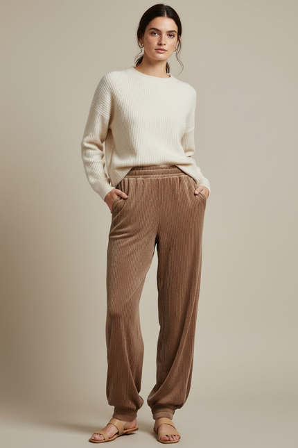 Pantalon Velours Marron Côtelé Fluide Ample Décontracté - Cordé