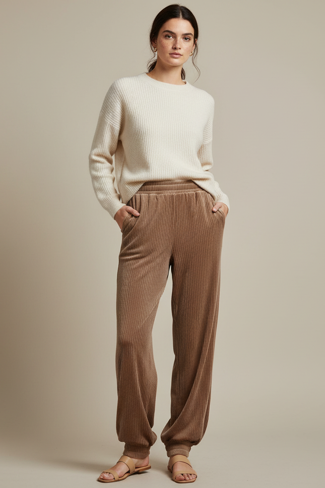 Pantalon Velours Marron Côtelé Fluide Ample Décontracté - Cordé