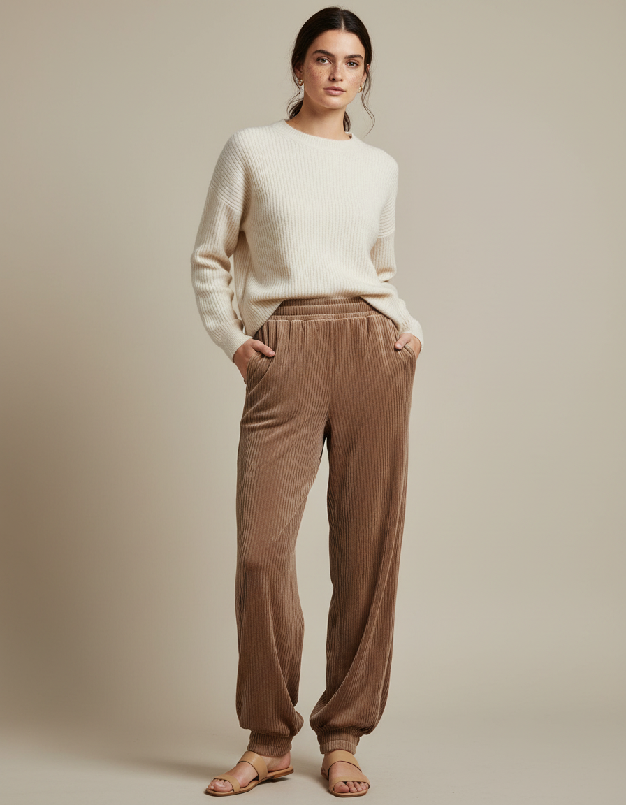 Pantalon Velours Marron Côtelé Fluide Ample Décontracté - Cordé