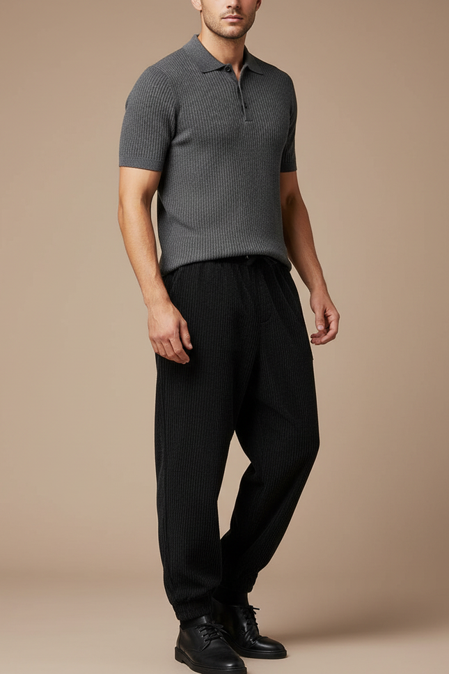 Pantalon Velours Homme Noir Large Côtelé Épais - Cordé