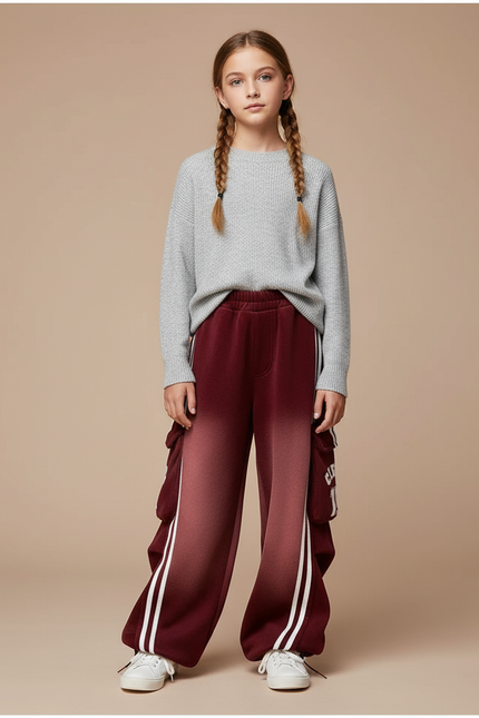 Pantalon Velours Dégradé Cargo Sporty Rayures Blancs - Bordeaux