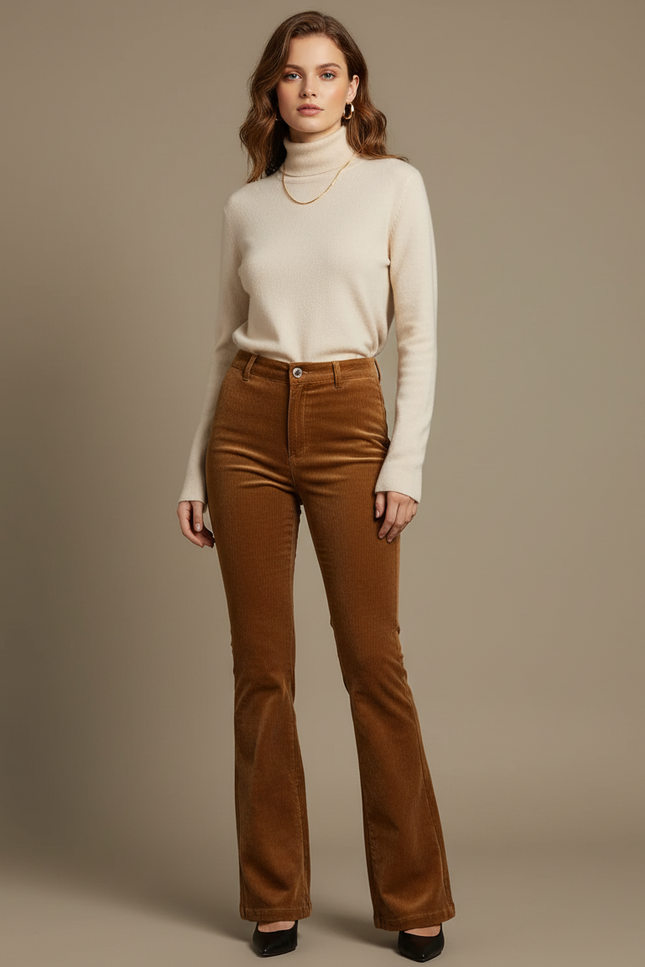 Pantalon Velours Côtelé Évasé Marron Élégant Femme - Cordé
