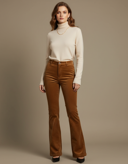 Pantalon Velours Côtelé Évasé Marron Élégant Femme - Cordé