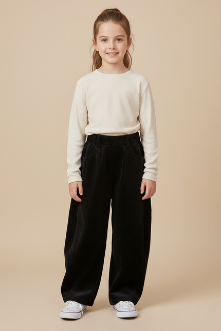 Pantalon Velours Noir Ample Côtelé Décontracté Enfant - Cordé
