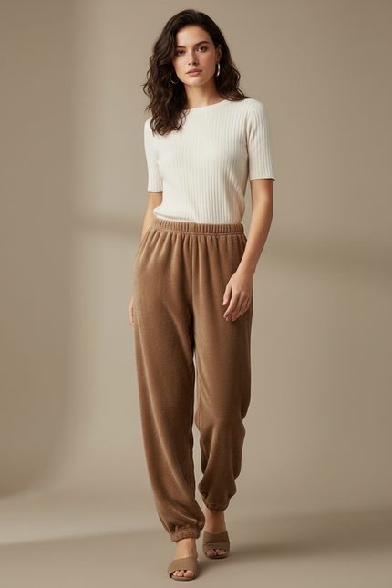 Pantalon Velours Marron Ample Doux Décontracté Femme