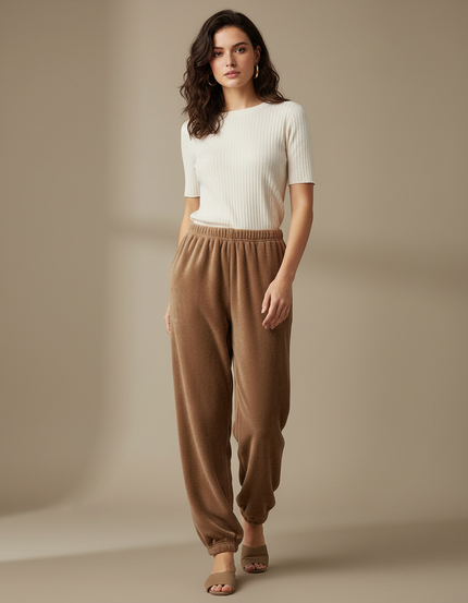 Pantalon Velours Marron Ample Doux Décontracté Femme