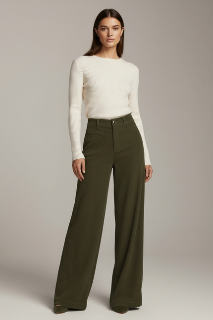 Pantalon Velours Vert Côtelé Large Ample Élégant - Kaki Cordé