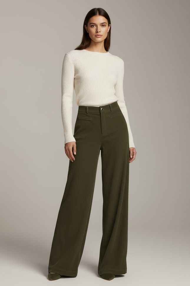 Pantalon Velours Vert Côtelé Large Ample Élégant - Kaki Cordé