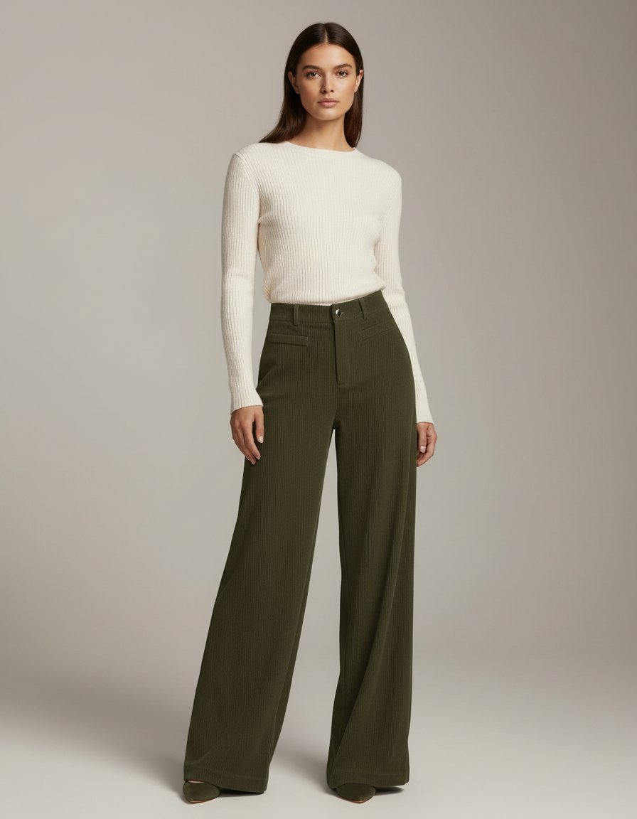 Pantalon Velours Vert Côtelé Large Ample Élégant - Kaki Cordé