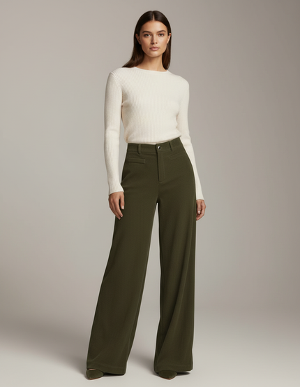 Pantalon Velours Vert Côtelé Large Ample Élégant - Kaki Cordé