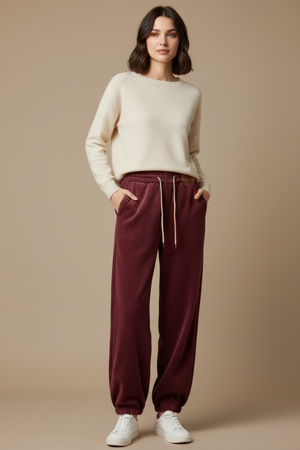 Pantalon Velours Bordeaux Ample Décontracté Confortable Femme - Cordé