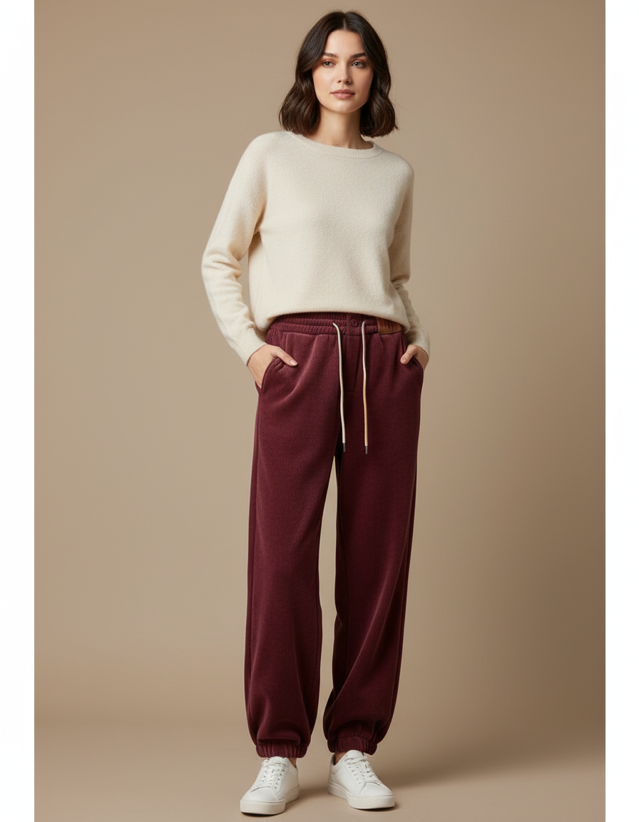 Pantalon Velours Bordeaux Ample Décontracté Confortable Femme - Cordé