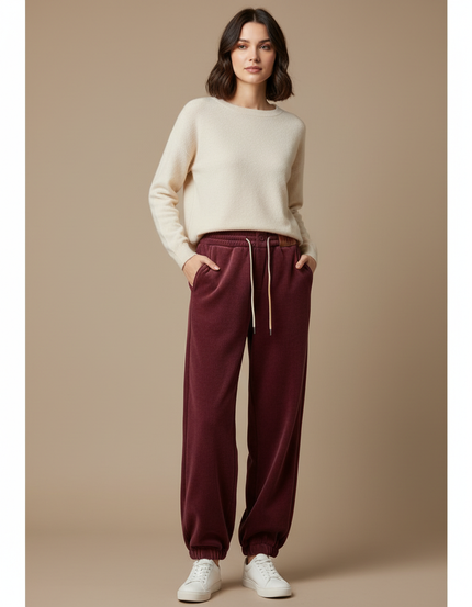 Pantalon Velours Bordeaux Ample Décontracté Confortable Femme - Cordé