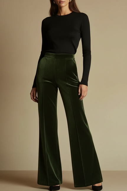 Pantalon Velours Vert Évasé Élégant Taille Haute Femme