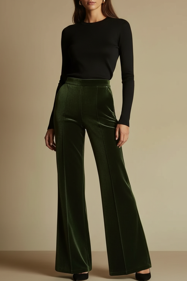 Pantalon Velours Vert Évasé Élégant Taille Haute Femme