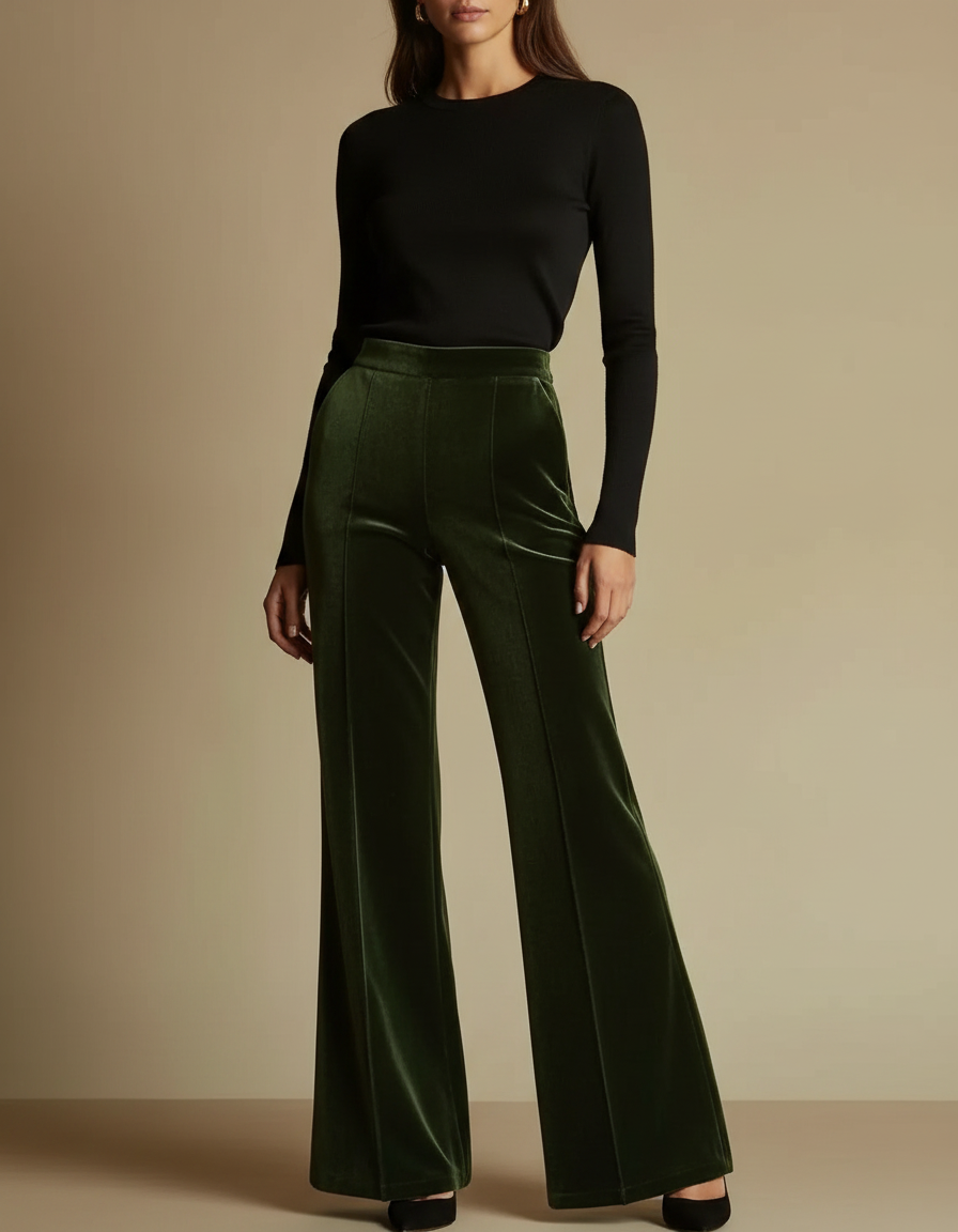 Pantalon Velours Vert Évasé Élégant Taille Haute Femme