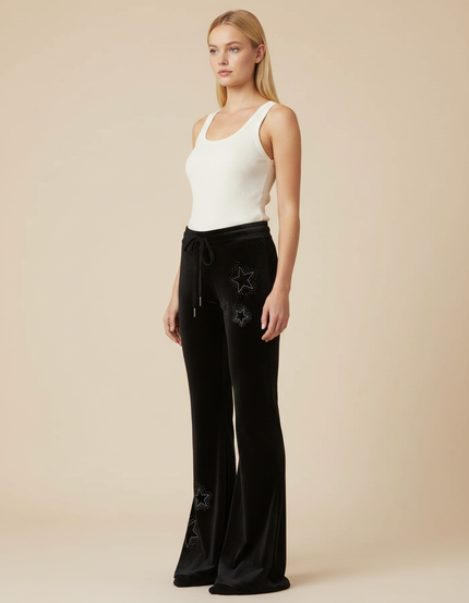 Pantalon Velours Noir Évasé Étoiles Strass Femme