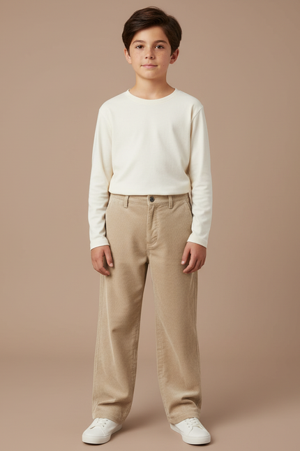 Pantalon Velours Beige Côtelé Ample Décontracté Confortable - Cordé