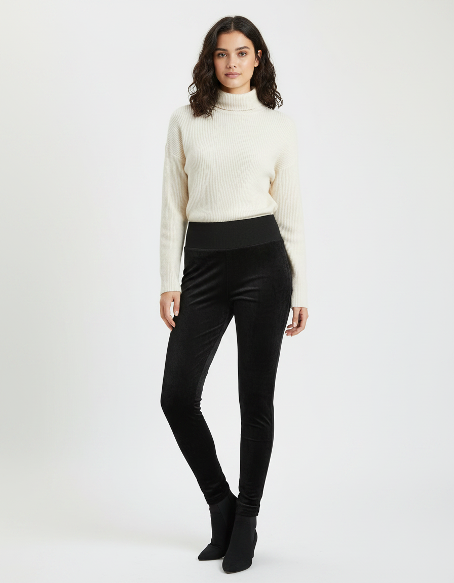 Pantalon Velours Noir Slim Taille Haute Femme