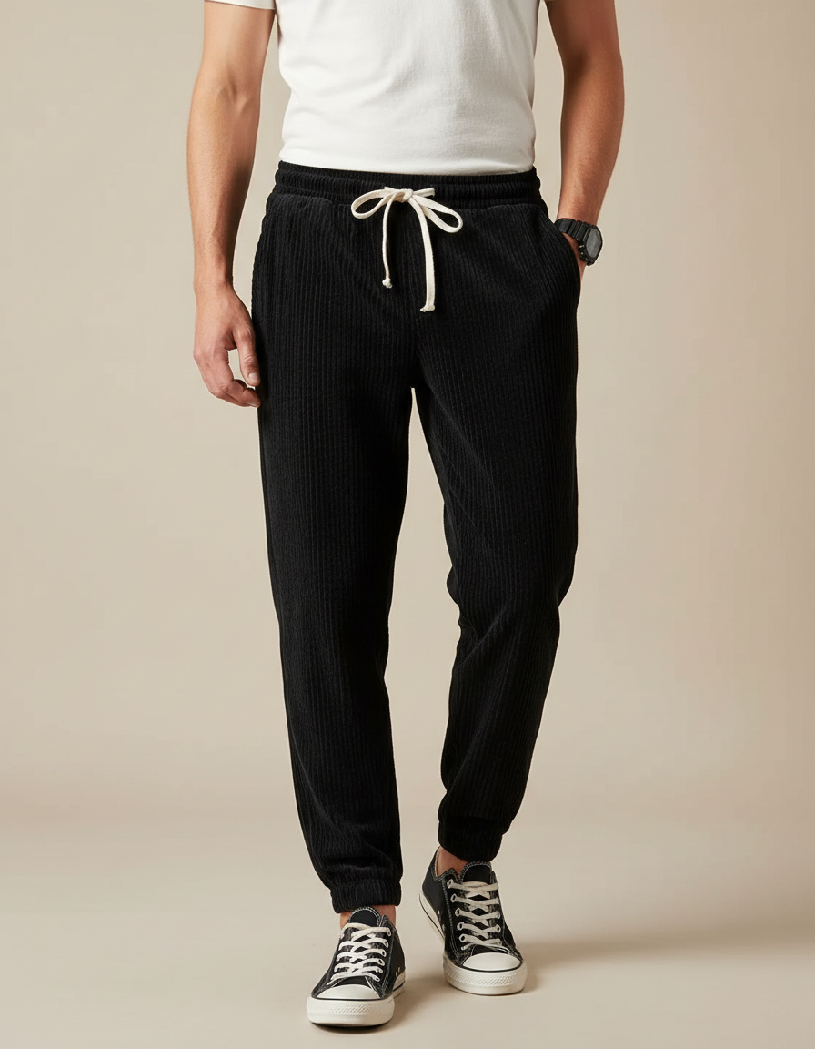 Pantalon Velours Côtelé Noir Décontracté Cordon Homme