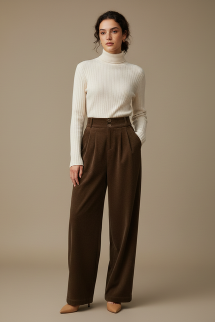 Pantalon Velours Marron Ample Taille Haute Plissé Femme