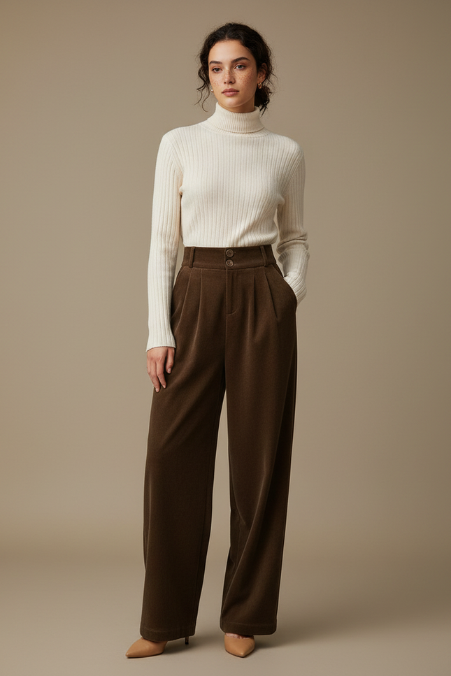 Pantalon Velours Marron Ample Taille Haute Plissé Femme