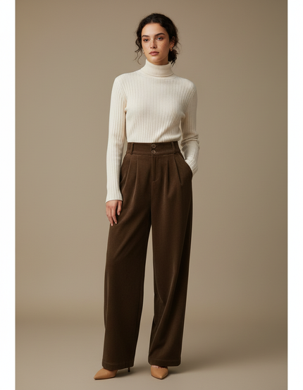 Pantalon Velours Marron Ample Taille Haute Plissé Femme