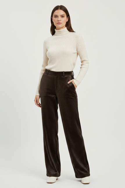 Pantalon Velours Marron Côtelé Ample Femme Élégant - Cordé