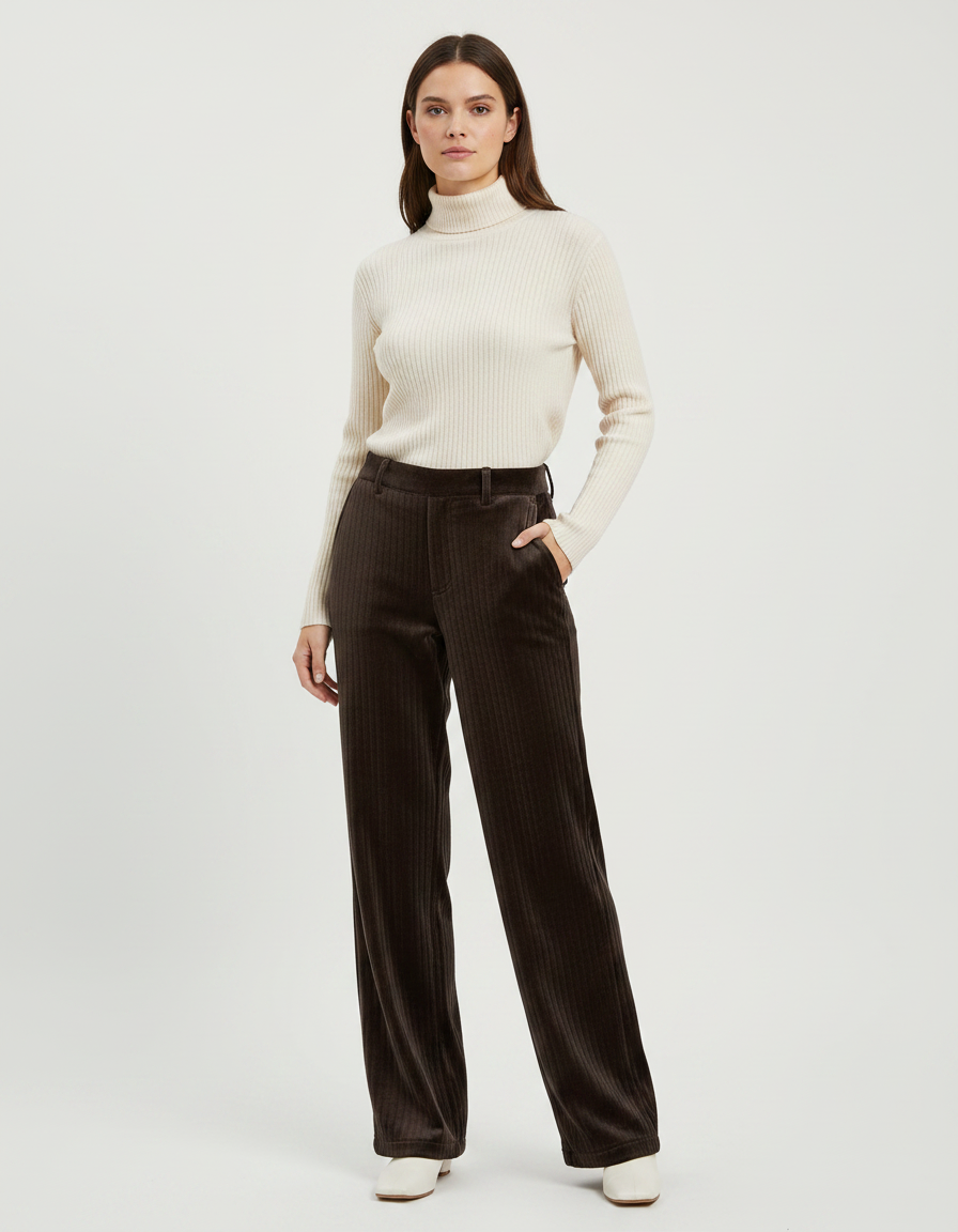 Pantalon Velours Marron Côtelé Ample Femme Élégant - Cordé