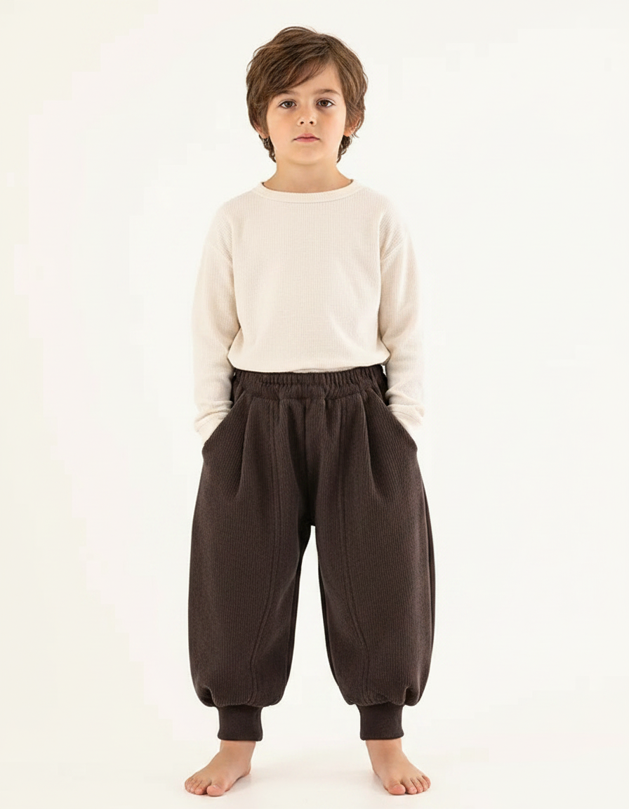 Pantalon Velours Marron Ample Enfant Doublé Chaud