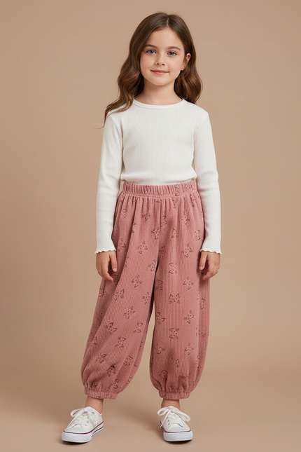 Pantalon Velours Rose Côtelé Ample Imprimé Fille - Cordé