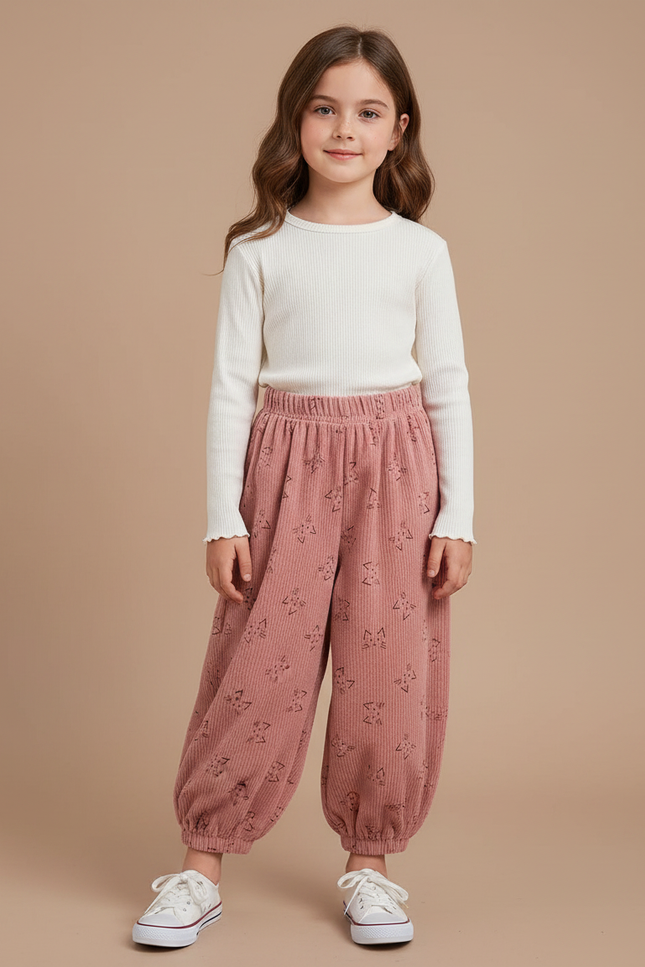 Pantalon Velours Rose Côtelé Ample Imprimé Fille - Cordé