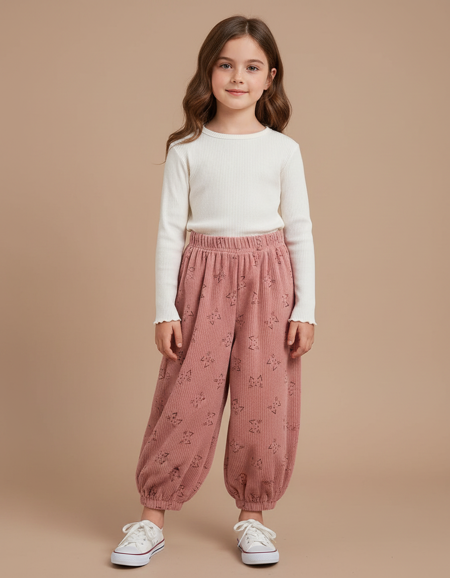 Pantalon Velours Rose Côtelé Ample Imprimé Fille - Cordé