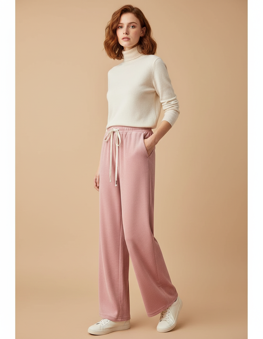 Pantalon Velours Rose Côtelé Ample Décontracté Fluide Femme - Cordé