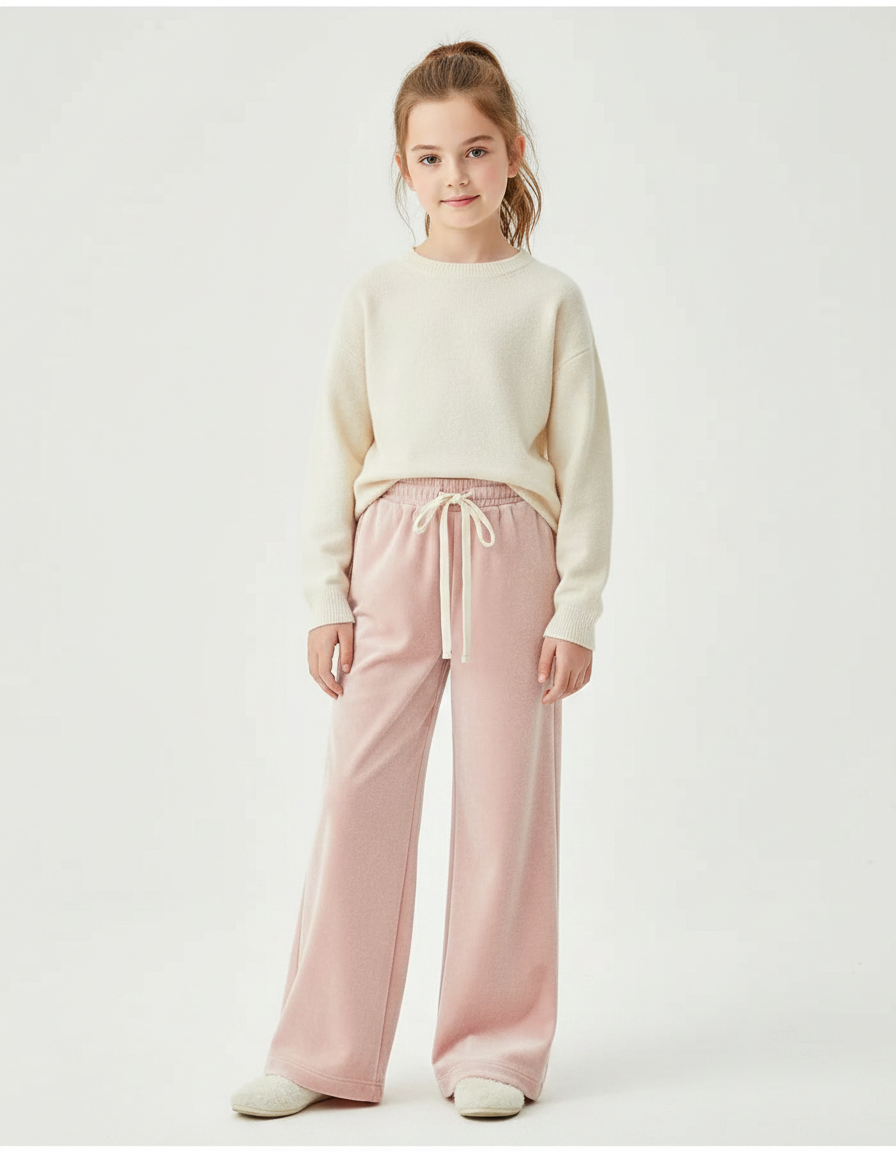 Pantalon Velours Rose Doux Large Confortable Fille