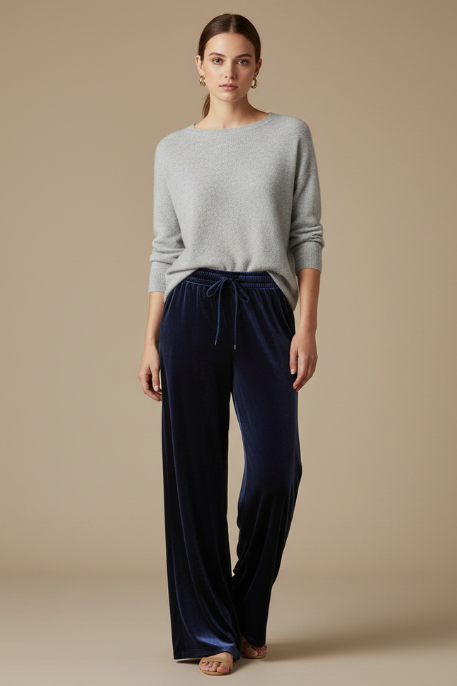 Pantalon Velours Bleu Marine Ample Fluide Décontracté