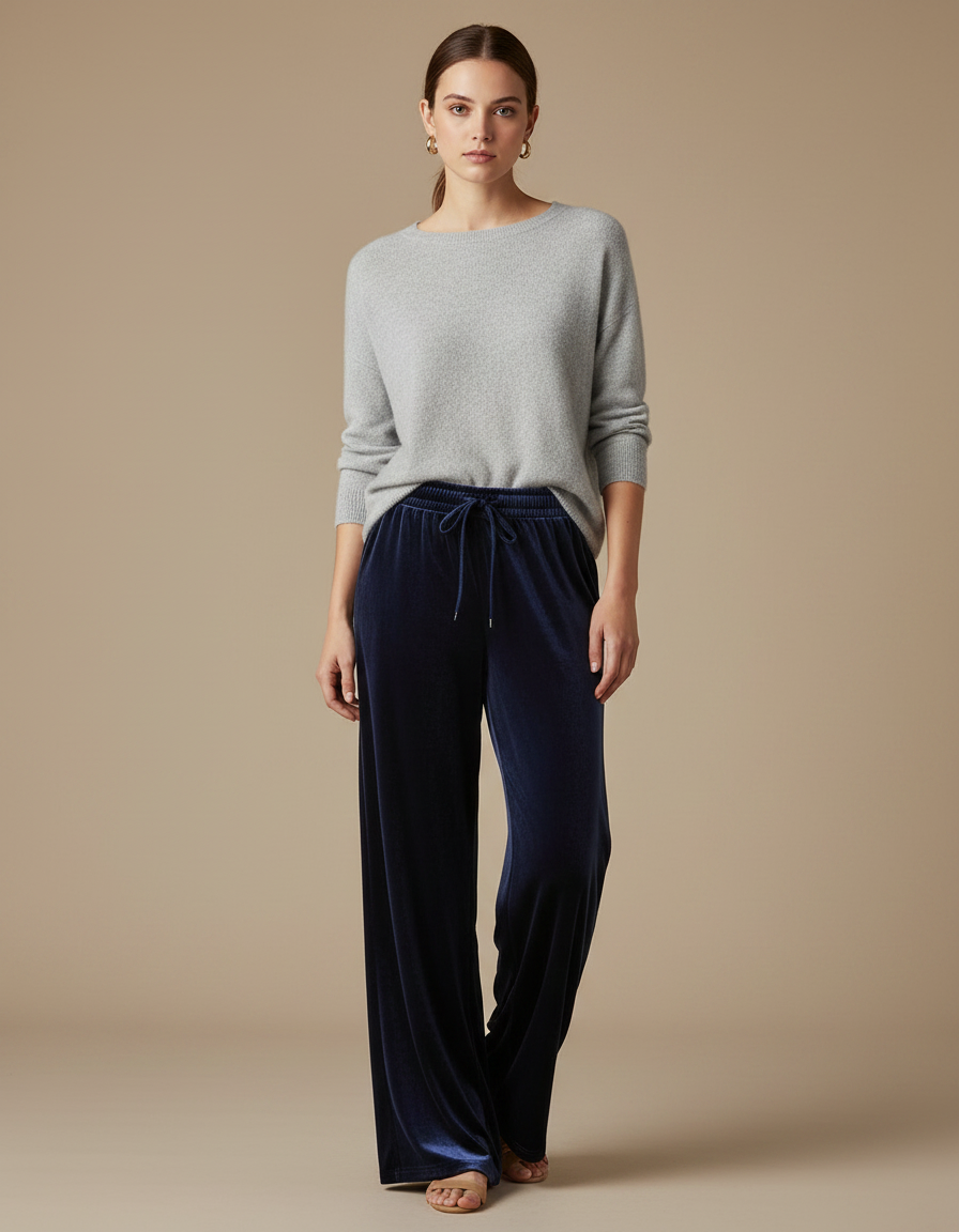 Pantalon Velours Bleu Marine Ample Fluide Décontracté