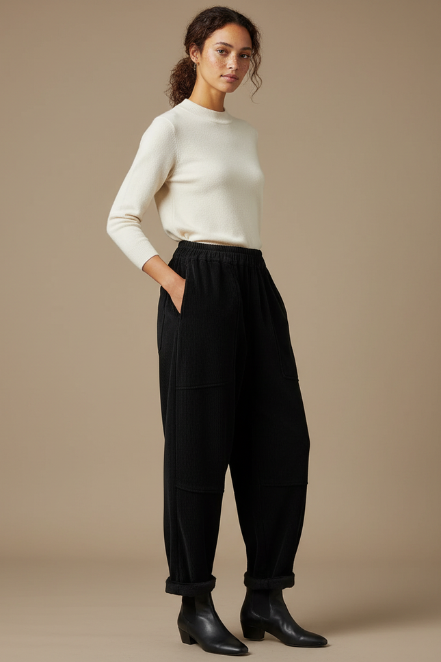 Pantalon Velours Côtelé Ample Noir Taille Élastique - Cordé