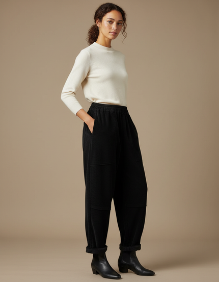 Pantalon Velours Côtelé Ample Noir Taille Élastique - Cordé
