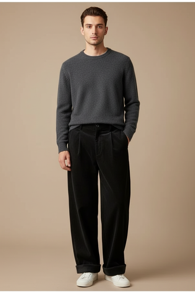 Pantalon Velours Noir Ample Côtelé Homme - Cordé