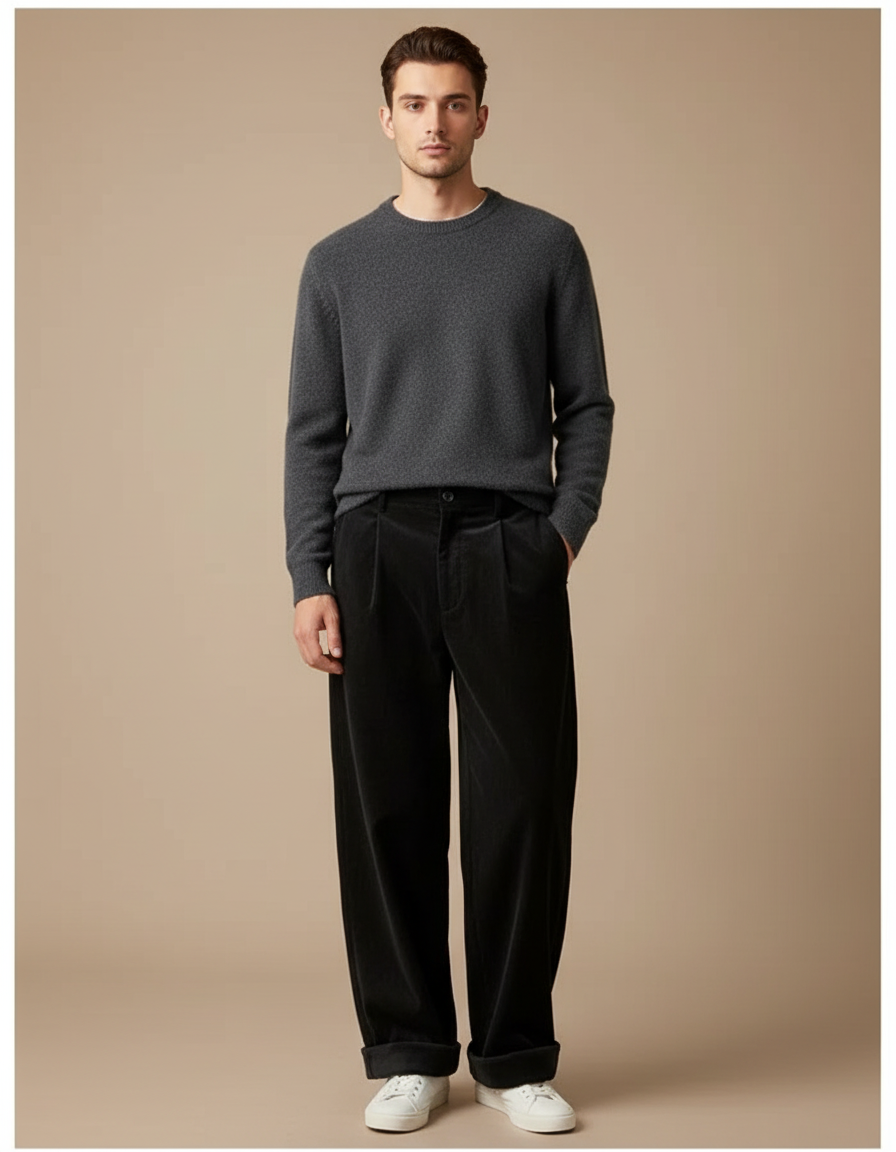 Pantalon Velours Noir Ample Côtelé Homme - Cordé