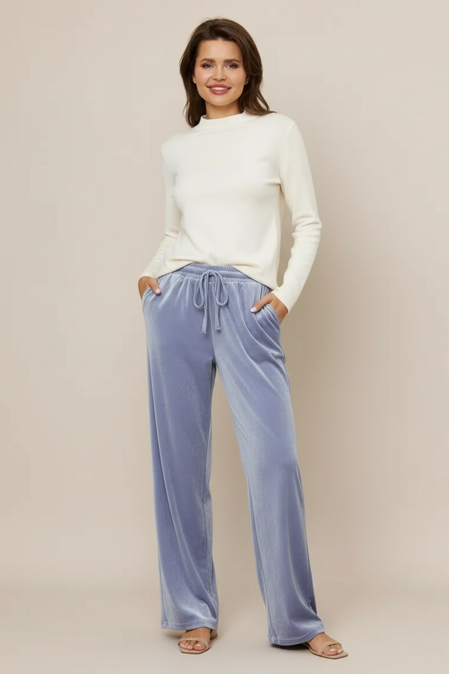 Pantalon Velours Bleu Fluide Large Décontracté