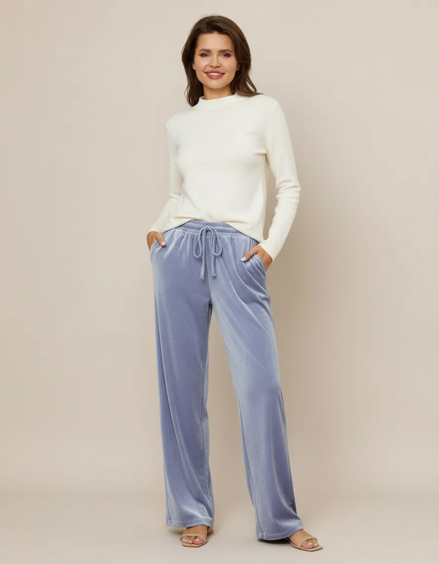 Pantalon Velours Bleu Fluide Large Décontracté