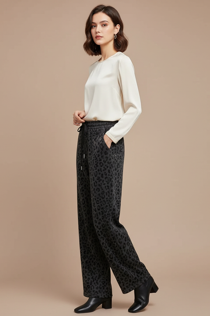 Pantalon Velours Léopard Large Femme Hiver Décontracté - Imprimé