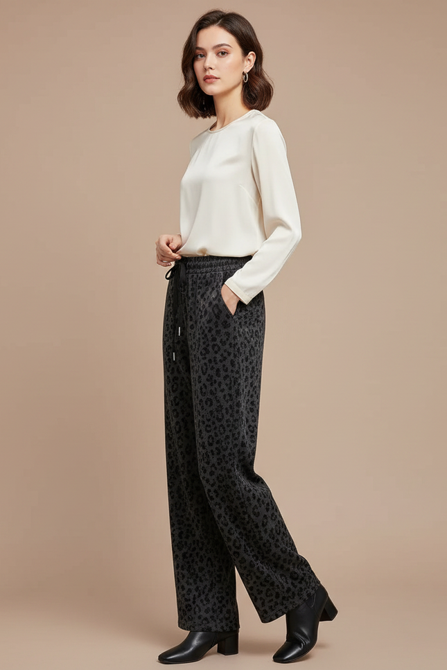 Pantalon Velours Léopard Large Femme Hiver Décontracté - Imprimé