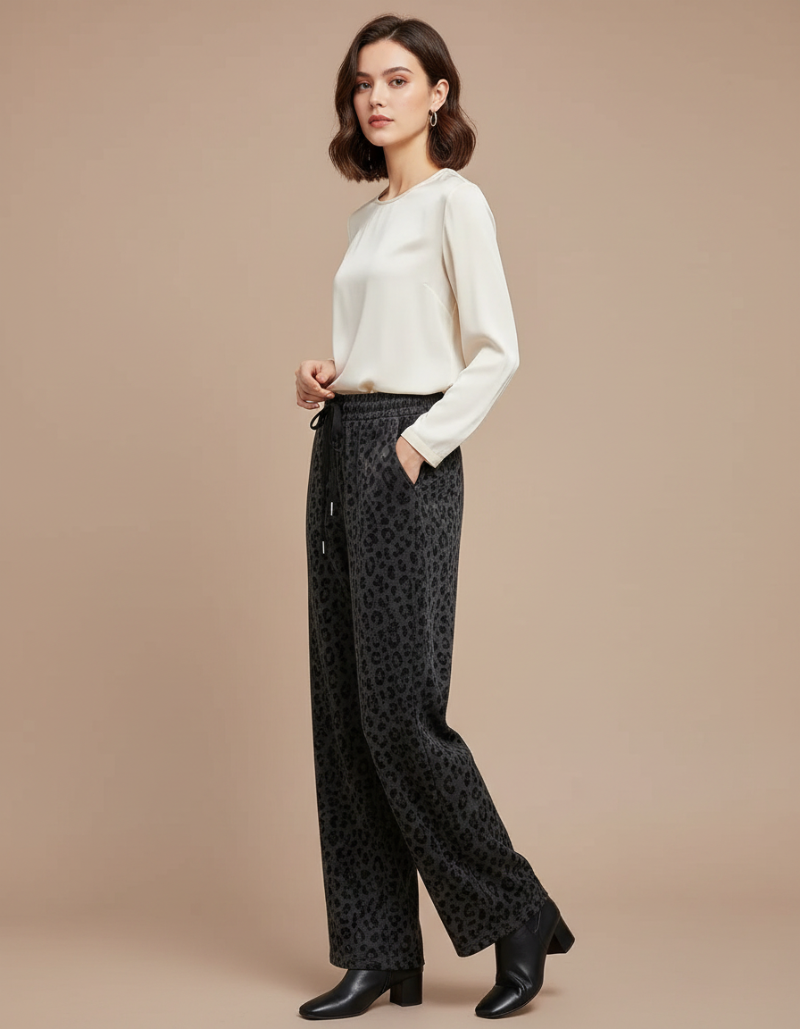 Pantalon Velours Léopard Large Femme Hiver Décontracté - Imprimé