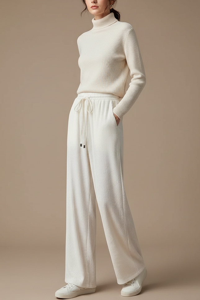 Pantalon Velours Côtelé Écru Large Décontracté Femme - Blanc Cordé