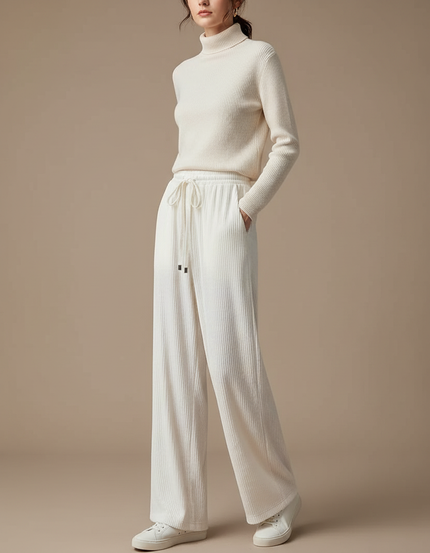 Pantalon Velours Côtelé Écru Large Décontracté Femme - Blanc Cordé